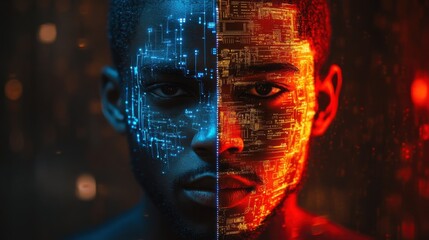 A dynamic showdown between human strength and AI intelligence in a neon digital arena illuminated by vibrant circuits and binary code