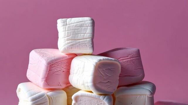 Stack of pink and white marshmallows against a pink background. Sweet treats and confectionery concept.