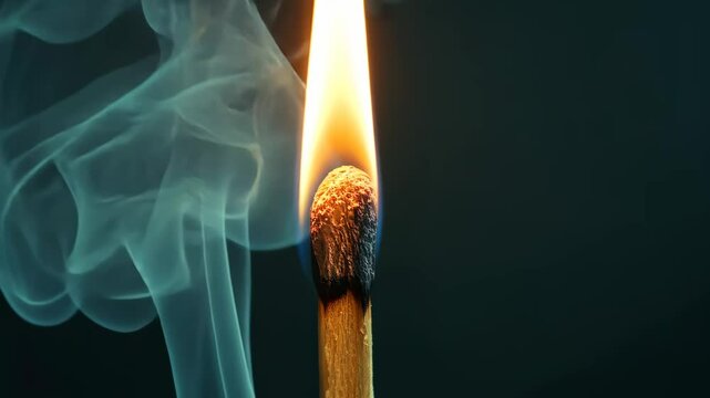 Burning matchstick with smoke on dark background, close-up view. Fire and ignition concept.