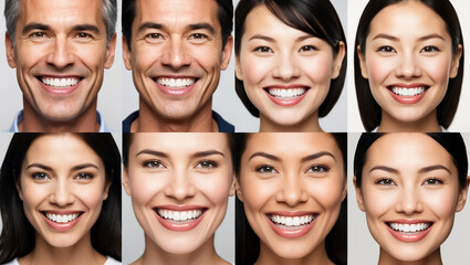 collage of different female and male smiles with beautiful teeth