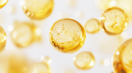 Golden serum droplets, Luxurious skincare oil in golden bubbles. Vitamin-infused skincare serum droplets. Close-up shots, raw graphic photos. Cosmetics advertising materials.