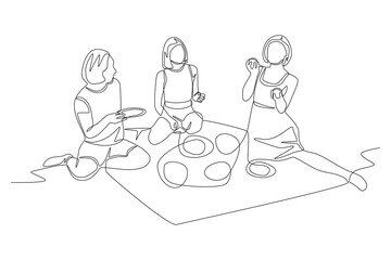 Three friends on a picnic. Picnic gathering concept one-line drawing