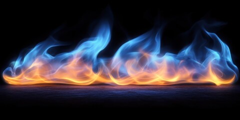 The flames dance in shades of blue and orange, casting a striking contrast against the black background, evoking a sense of movement and dynamic energy.