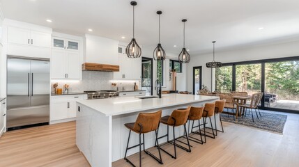 Modern Kitchen with Island and Stylish Lighting Fixtures