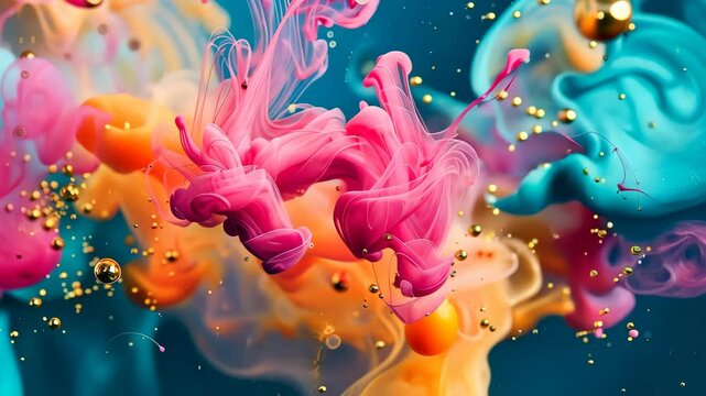 Vibrant ink swirl in water with floating golden bubbles, abstract expressionism concept.