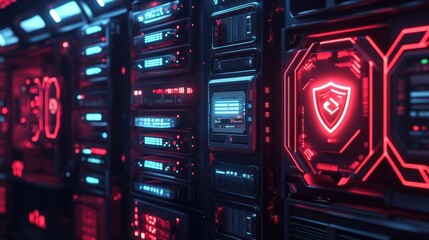 Obraz premium A high-tech network security setup, with servers protected by glowing shields and layers of defense protocols.