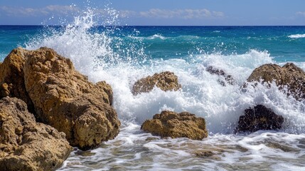 Ocean Waves Crashing Against Rocky Shoreline