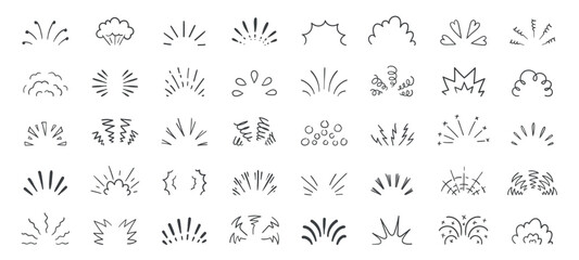 Doodle line sparkles and rays. Abstract hand drawn sun shine and star burst, comic retro sunbeam explosion and firework elements. Vector isolated set.