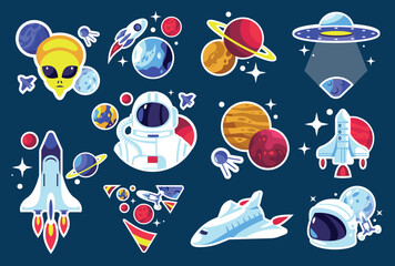 Space stickers. Cartoon astronaut and cosmonaut in space suit with rocket and satellite, cosmos and galaxy elements. Vector isolated set