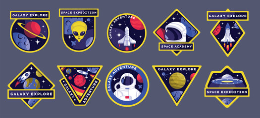 Space patch. Cartoon astronaut and space shuttle, vintage space exploration emblems and badges with cosmos elements. Vector collection isolated set © Tartila