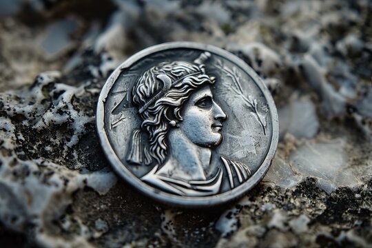 Ancient roman silver coin showing the profile of emperor caesar augustus is resting on a stone