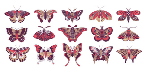 Mystical boho butterflies. Abstract tattoo of decorative colorful winged insects, creative astrology butterfly logo design. Vector isolated set.