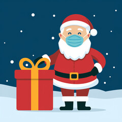 Santa Claus at the New Year tree with gifts, Santa has a medical mask on his face
