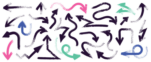 Hand drawn bold arrows. Doodle curve line pointers, rough motion direction signs sketch, vintage pencil scribble motion pointers. Vector isolated set
