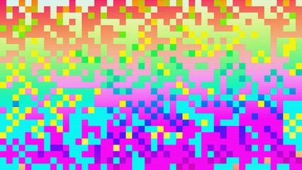 Abstract pixel retro 8bit neon chaotic lo-fi rainbow video game glitch noise texture, square tiles, retro video game pixelated background, neon pastel pattern, 80s, 90s texture. 