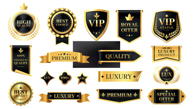 Golden luxury labels. Premium quality badges with golden stars and ribbons for product rating. Shiny stickers and seal for certificate vector set