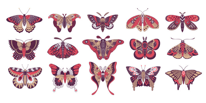 Mystical boho butterflies. Abstract tattoo of decorative colorful winged insects, creative astrology butterfly logo design. Vector isolated set.