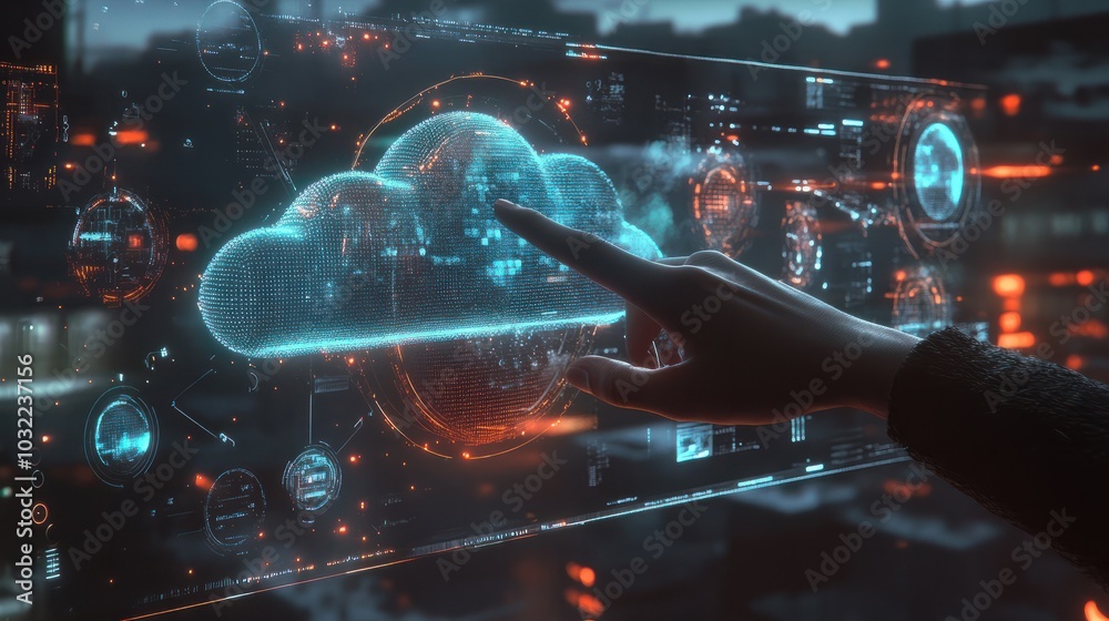 Poster a person interacts with a futuristic holographic display showing cloud computing and network technol