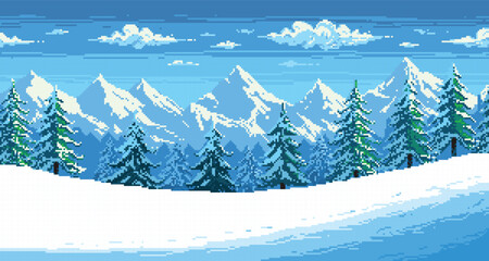 Winter pixel landscape. Retro 2D game background with snowy mountains and forest, snowy landscape with frozen lake. Vector winter panorama