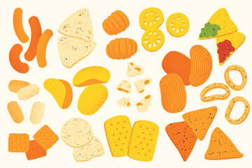 Cracker chips snacks. Cartoon pretzel sticks twisted straws rolls, salty baked chips onion rings appetizers, delicious crispy baked food. Vector bakery set.