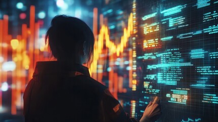 A person analyzes financial charts with glowing digital data overlays, indicative of futuristic technology in business - Powered by Adobe