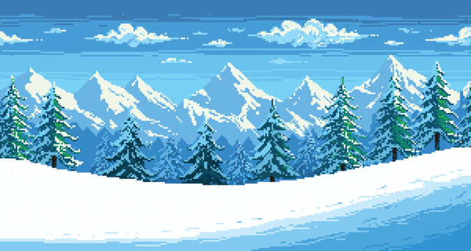 Winter pixel landscape. Retro 2D game background with snowy mountains and forest, snowy landscape with frozen lake. Vector winter panorama