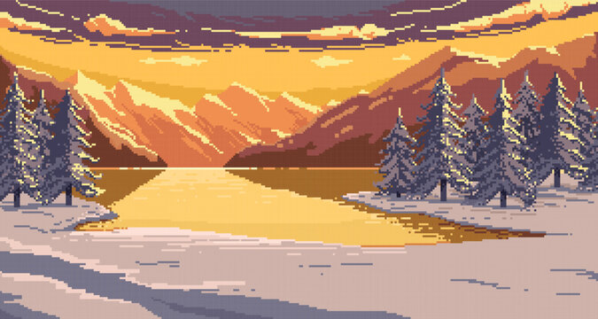 Retro 8 bit winter landscape. Snowy mountains and forest with trees, pixel art background for retro game. Vector snowy winter panorama