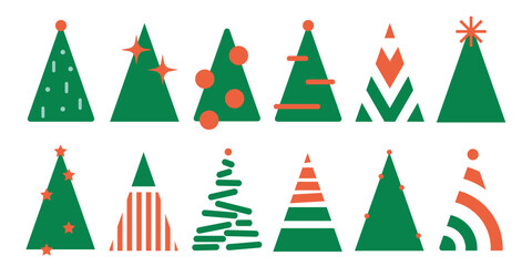 Christmas trees illustration solid icon set with retro vintage color style landscape