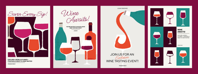 Wine posters. Abstract wine tasting background with bottles glasses and corkscrew, fruits and appetizers wineglass with wine splash. Vector minimalist flyer cover set