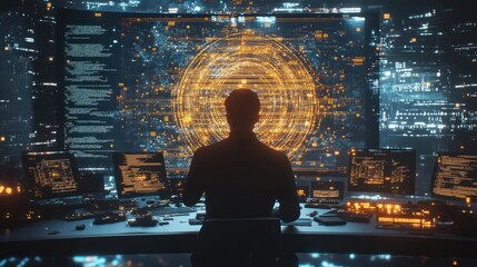 A programmer coding an elaborate algorithm to solve a complex problem, demonstrating technical problem-solving skills. Concept of computer science and creativity.