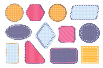 Cloth patches with stitches. Square and round sewing badges, needlework and embroidery textile elements with thread. Vector isolated set