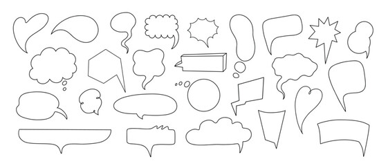 Doodle line text balloon. Speech bubble banners with empty talk, linear comic note design for banner message popup. Vector isolated set