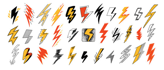 Thunderbolt doodle icons. Hand drawn lightning strike sketch, cute electricity energy retro symbols, quirky hand drawn electric shock signs. Vector isolated set.