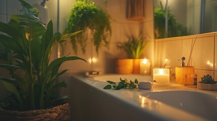 Cozy bathroom oasis with candlelight, lush plants, and a soothing atmosphere promoting water wellness