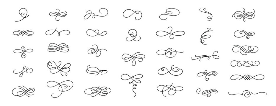 Line flourish swirl. Elegant decorative filigree flourishes script cursive swirls, ornamental flourish corner decorative elements. Vector collection