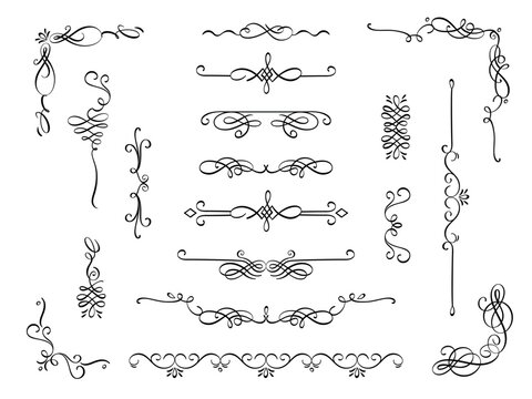 Ornamental calligraphy elements. Elegant vintage flourish swashes and frames for wedding invitation card and greeting cards. Vector isolated set