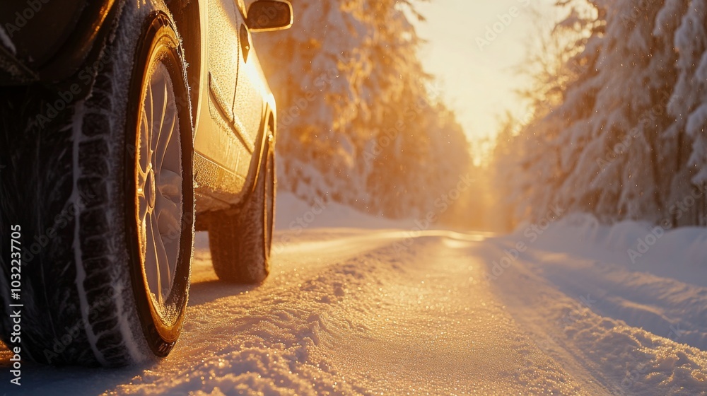 Aufkleber A car is parked on a snow-covered road bathed in the warm glow of a setting sun. Surrounding trees are dusted with snow, creating a tranquil winter atmosphere.