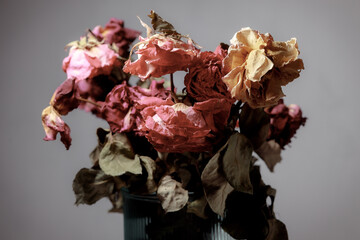 Dried flowers in a glass vase. Concept of dry skin, mental health problems, emotional burnout, dehydration. Lack of clean water and the environmental consequences of global warming.