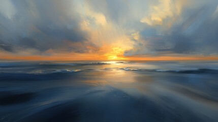 A painting of a sunset over the ocean, with a blurred effect that creates a sense of movement and tranquility.