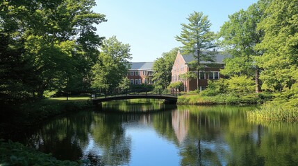 Obraz premium Serene Park with Bridge and Reflections in Water
