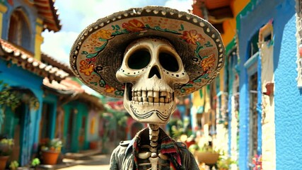 Colorful skeleton character in vibrant street setting during a traditional celebration, for mexican day of the dead