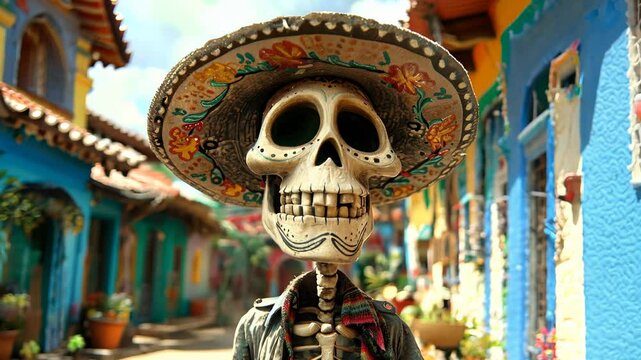 Colorful skeleton character in vibrant street setting during a traditional celebration, for mexican day of the dead