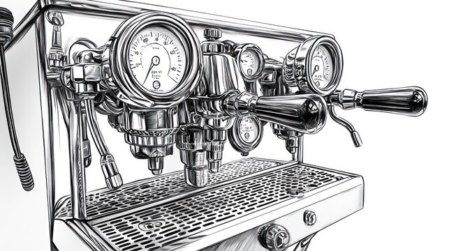 Close-up of a professional espresso machine with chrome finish and gauges.