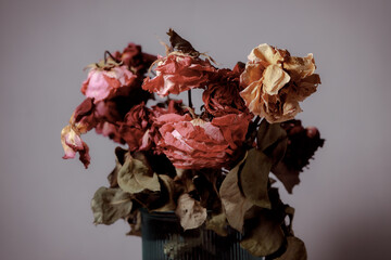 Dried flowers in a glass vase. Concept of dry skin, mental health problems, emotional burnout,...