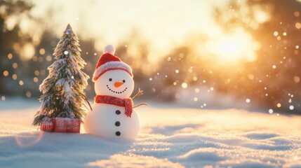 Fototapeta premium Cute snowman in heavy snow covered wild field at sunrise