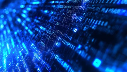 Obraz premium Cyber security data transmission shown with blue binary streaks and light codes.