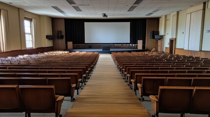 Empty Theater with Rows of Seats and Large Screen