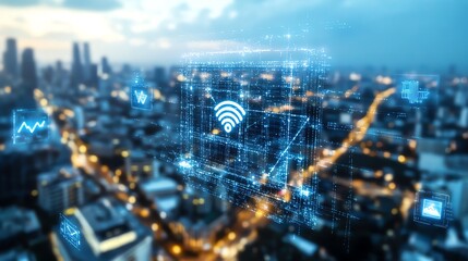 Aerial view of a city with digital connectivity icons overlay, representing modern smart city technology and wireless communications.