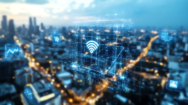 Aerial view of a city with digital connectivity icons overlay, representing modern smart city technology and wireless communications.
