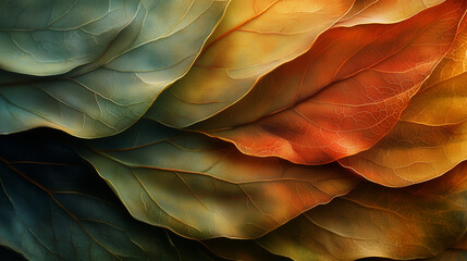 Colorful Autumn Leaves in Soft Green, Yellow & Orange Layers Background